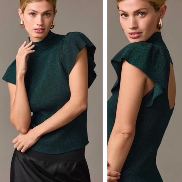 Anthropologie Maeve Flutter Muscle-Sleeve Sweater Metallic Green S - Picture 1 of 7